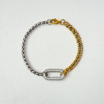 Retro Trendy Dual-color Patchwork Zircon Micro-inlaid Double-sided Full Diamond Titanium Steel Bracelet