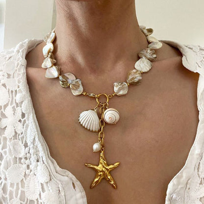 New 18K Gold Shell String Starfish Pearl Pendant Necklace