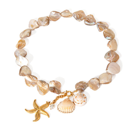 New 18K Gold Shell String Starfish Pearl Pendant Necklace