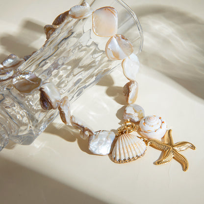 New 18K Gold Shell String Starfish Pearl Pendant Necklace